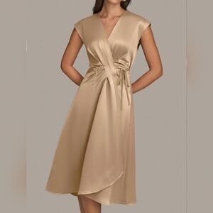 Women's Lightweight Summer Satin Wrap Midi Dress in Gold Champagne